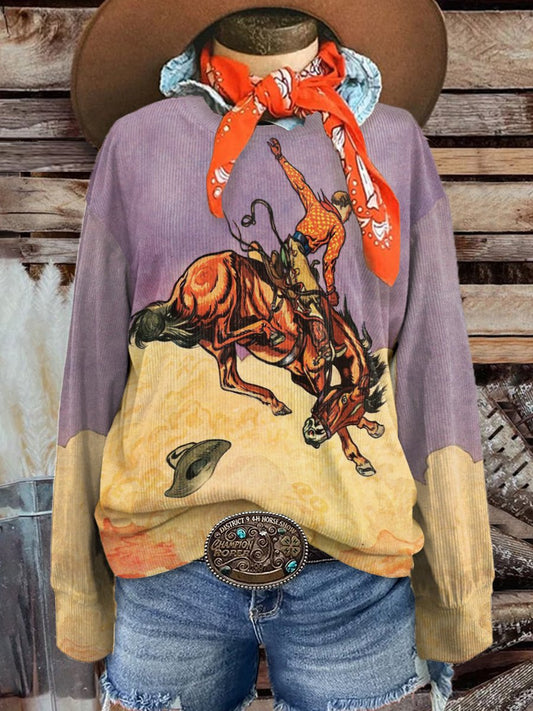 Women's Fashion Wild Cowboy Art Print Casual Print Corduroy Sweatshirt