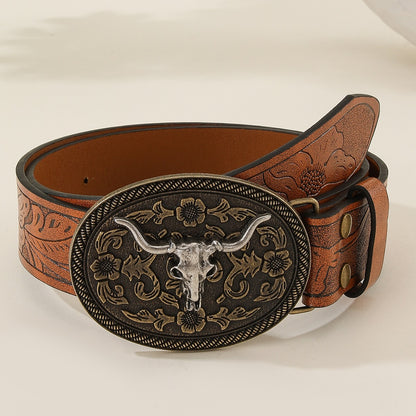 Men Vintage Cowboy Belts Western Buckle Leather  Jeans Belt