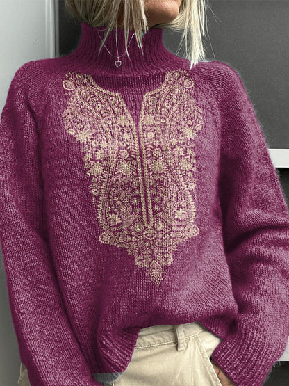 Ethnic Style Floral Pattern Printed Knit Turtleneck Pullover Sweater