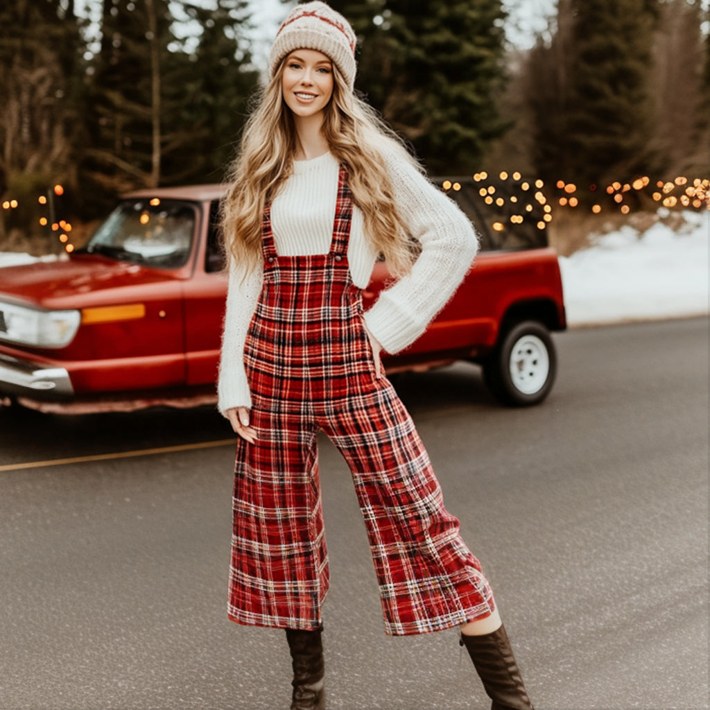 Women Christmas Party Outfit Plaid Print Jumpsuit