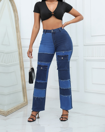 Flat Tube High Waist Stitched Jeans