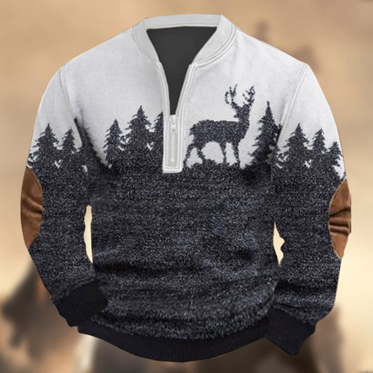 Men's Vintage Western Elk Knit Print Zipper Stand Collar Casual Sweatshirt