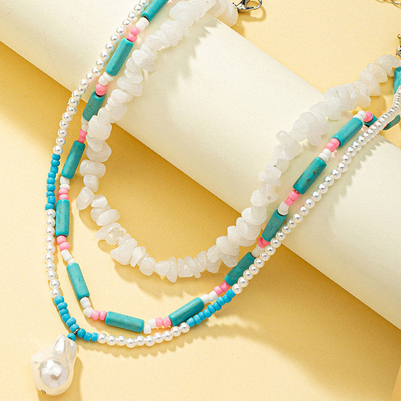 Bohemian White Turquoise Crystal Multi-layered Necklace