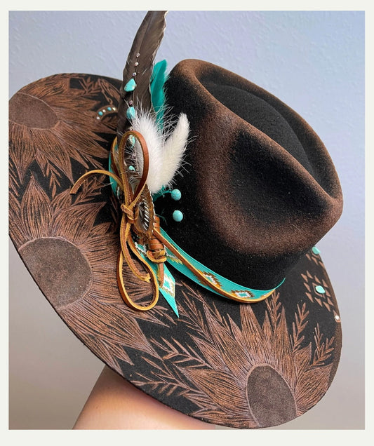 The Turquoise  Hand Burnt Wool Felt Hat