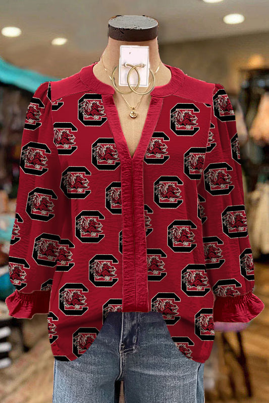 Contrast Color Paneled Gamecock Printed V-neck Puff Sleeve Blouse