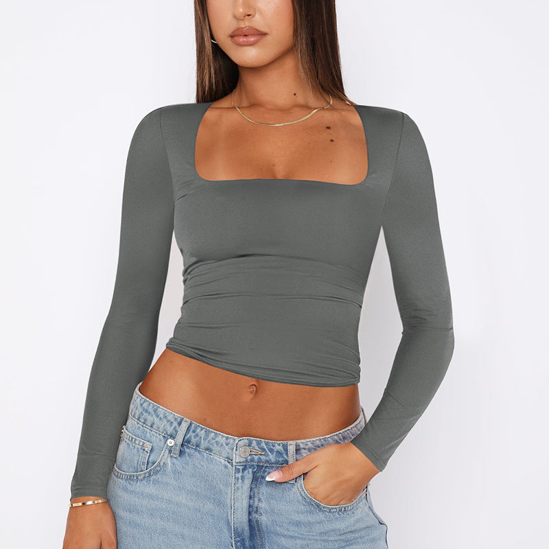 Sexy Backless Inner Wear Women's Knitted Sweater Long-sleeved T-shirt Hot Girl Top Square Neck Bottoming Shirt