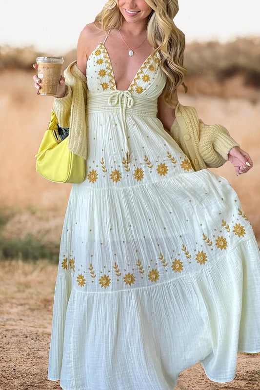 White V-neck Embroidered Sexy Backless Maxi Dress