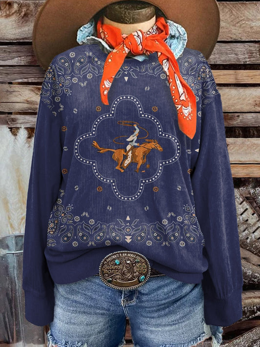 Women's Vintage Blue Western Cowboy Paisley Print Casual Corduroy Sweatshirt