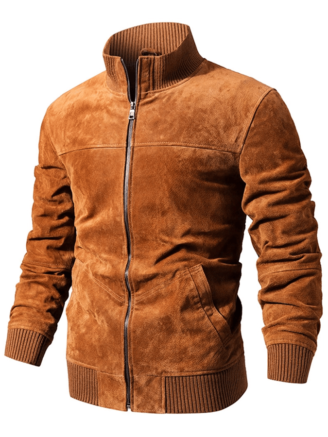 Men's Vintage Suede Pocket Ribbed Stand Collar Outdoor Jacket