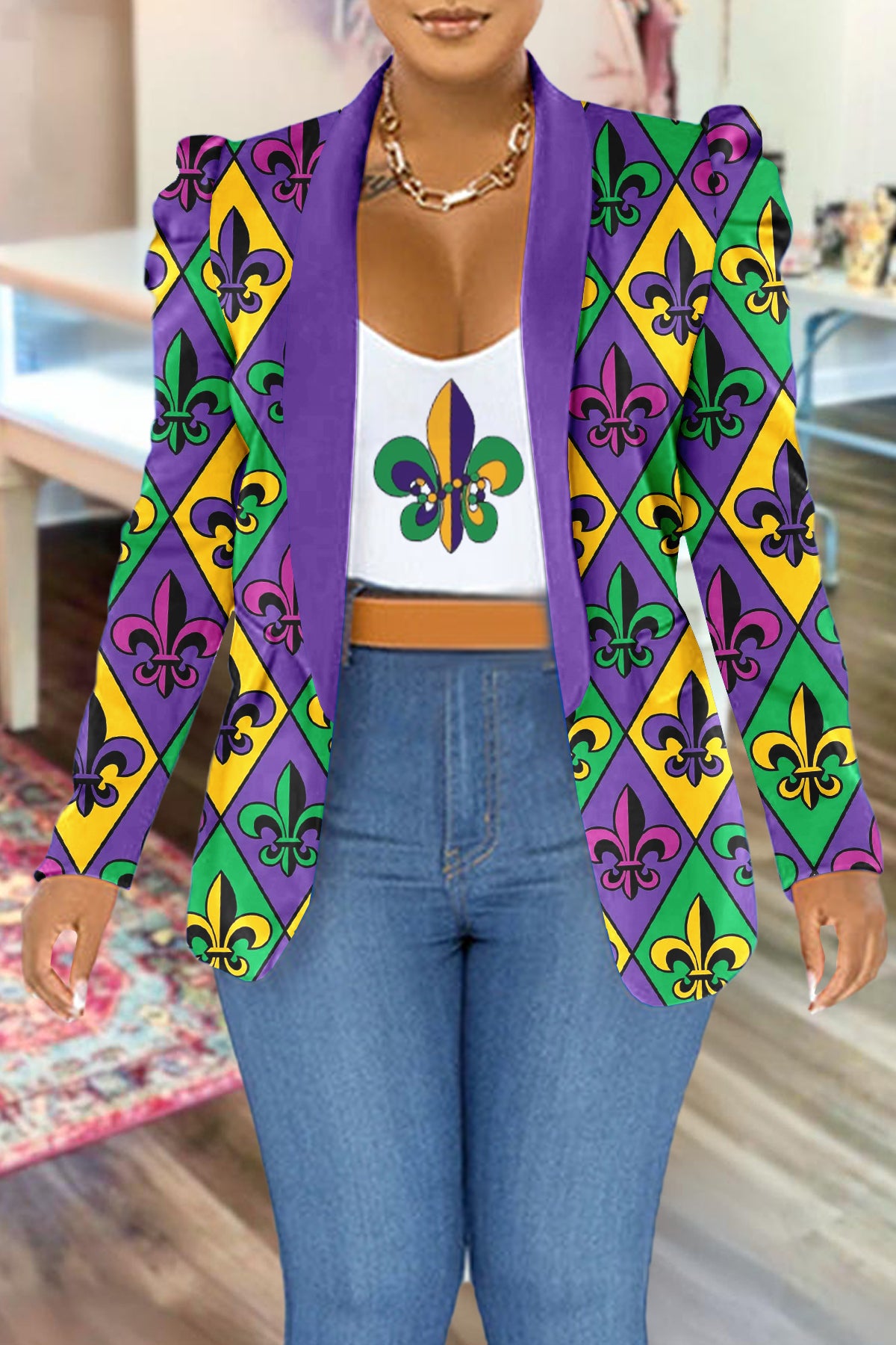 Classic Mardi Gras Print Puff Sleeve Blazer