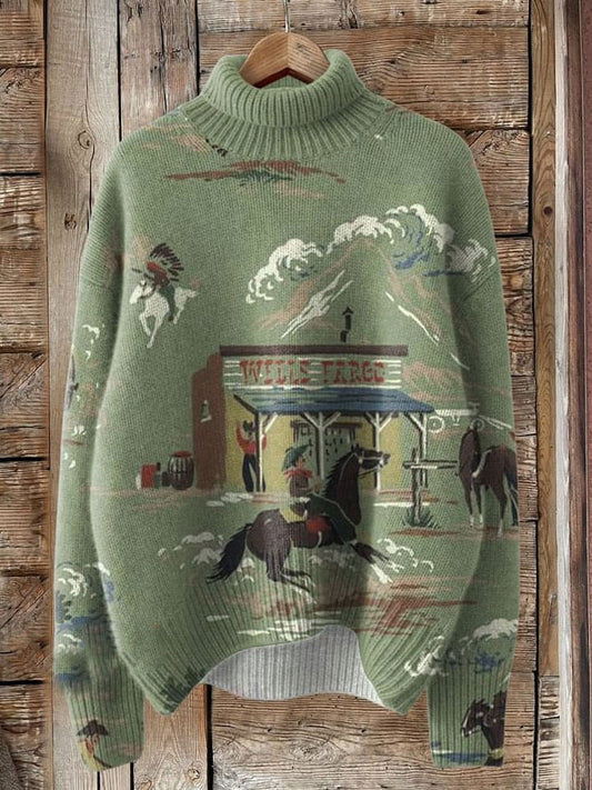 Vintage Western Cowboy Print Knit Turtleneck Pullover Sweater