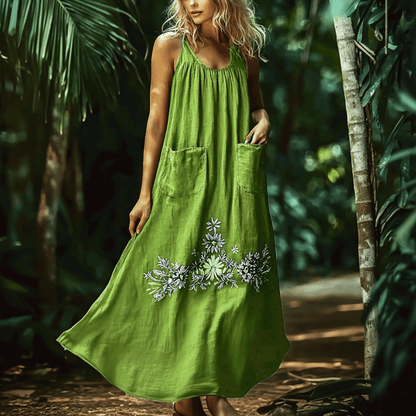 Women's Elegant Ethnic Floral Oversized Sleeveless Linen Maxi Dress