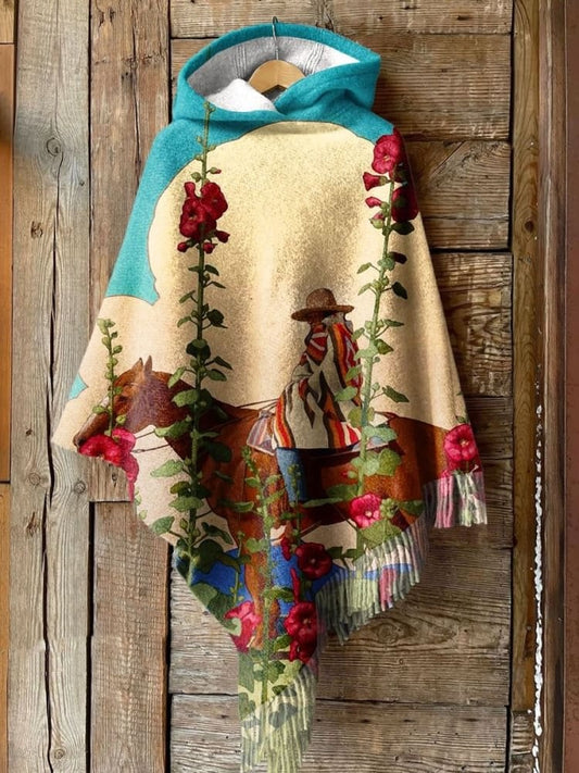 Women's Vintage Cowboy Horse Flower Art Print Casual Knitted Blanket Poncho Hood Cape