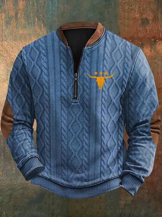 Men's Vintage Western Knit Print Zip-Neck Sweatshirt