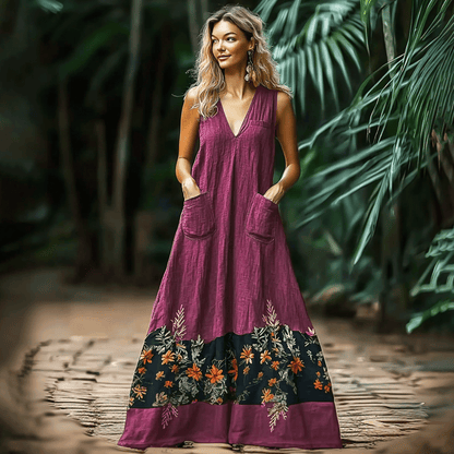 Women's Elegant Ethnic Splicing Oversized Sleeveless Linen Maxi Dress