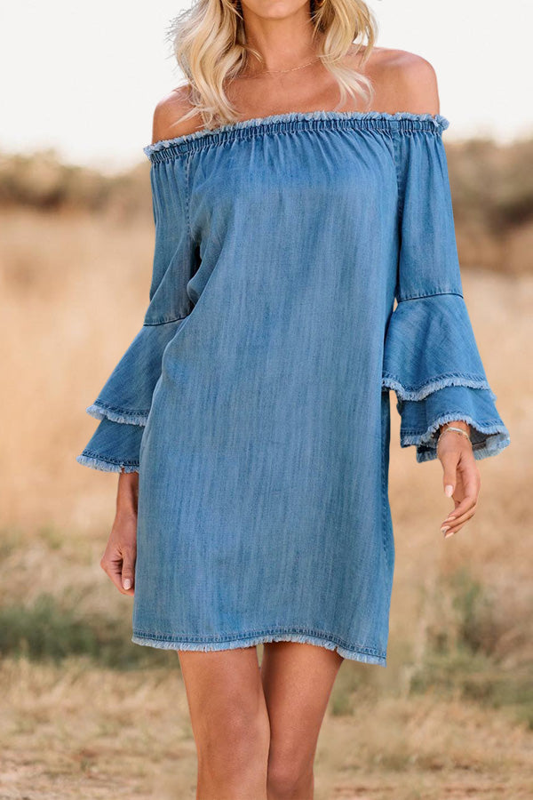 Off Shoulder Bell Sleeve Denim Dress