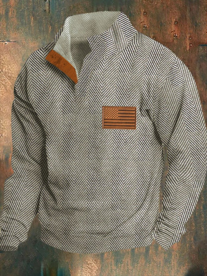 Men's Western Hunting Wear Jacquard Herringbone Design Stand Collar Button Sweatshirt (Non-Print)