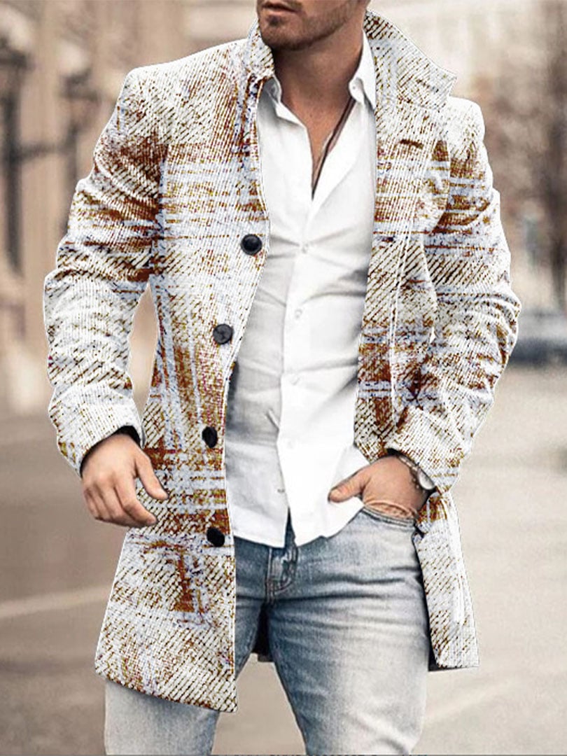 Men's Retro Buttoned Stand Collar Printed Woolen Jacket