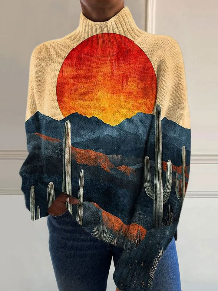 Retro Abstract Cactus Print Knit Turtleneck Pullover Sweater