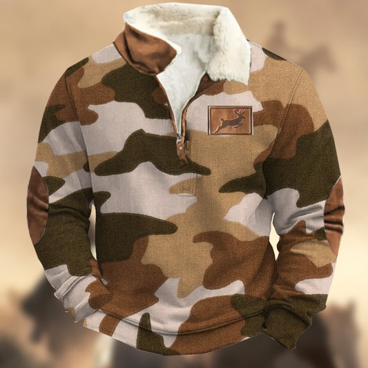 Men's Vintage Camouflage Print Elk Logo Zipper Fur Collar Sweatshirt