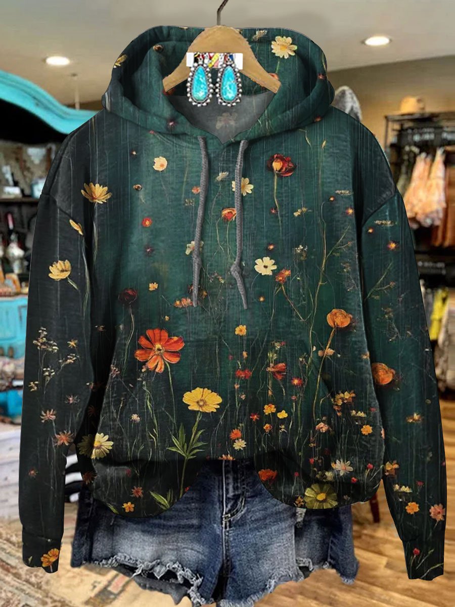 Vintage Floral Print Casual Hoodie Sweatshirt