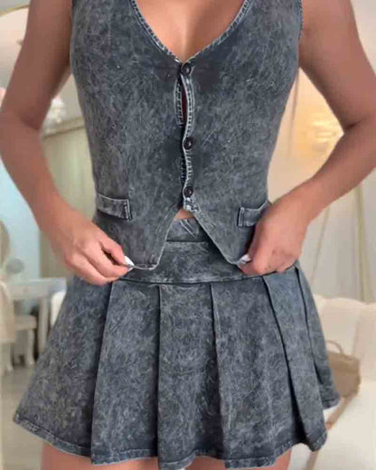 Washed Faux Denim Mini Skirt Set