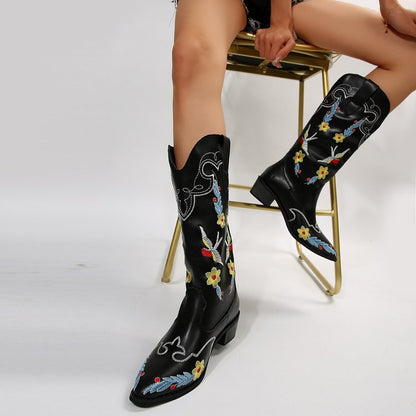 Womens Cowboy Flower Embroidery Casual High Western Boots