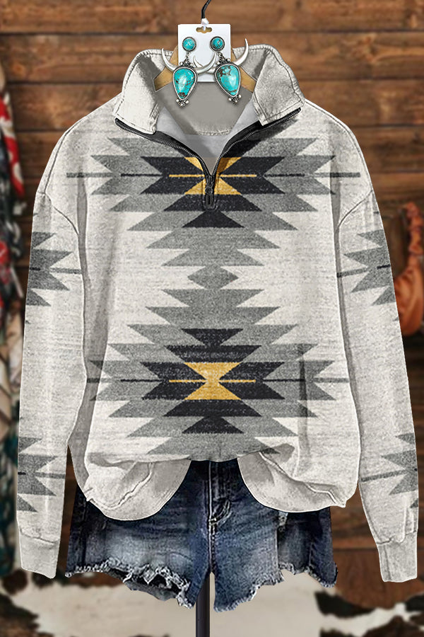 Simple Aztec Printed Zipper Sweatshirt