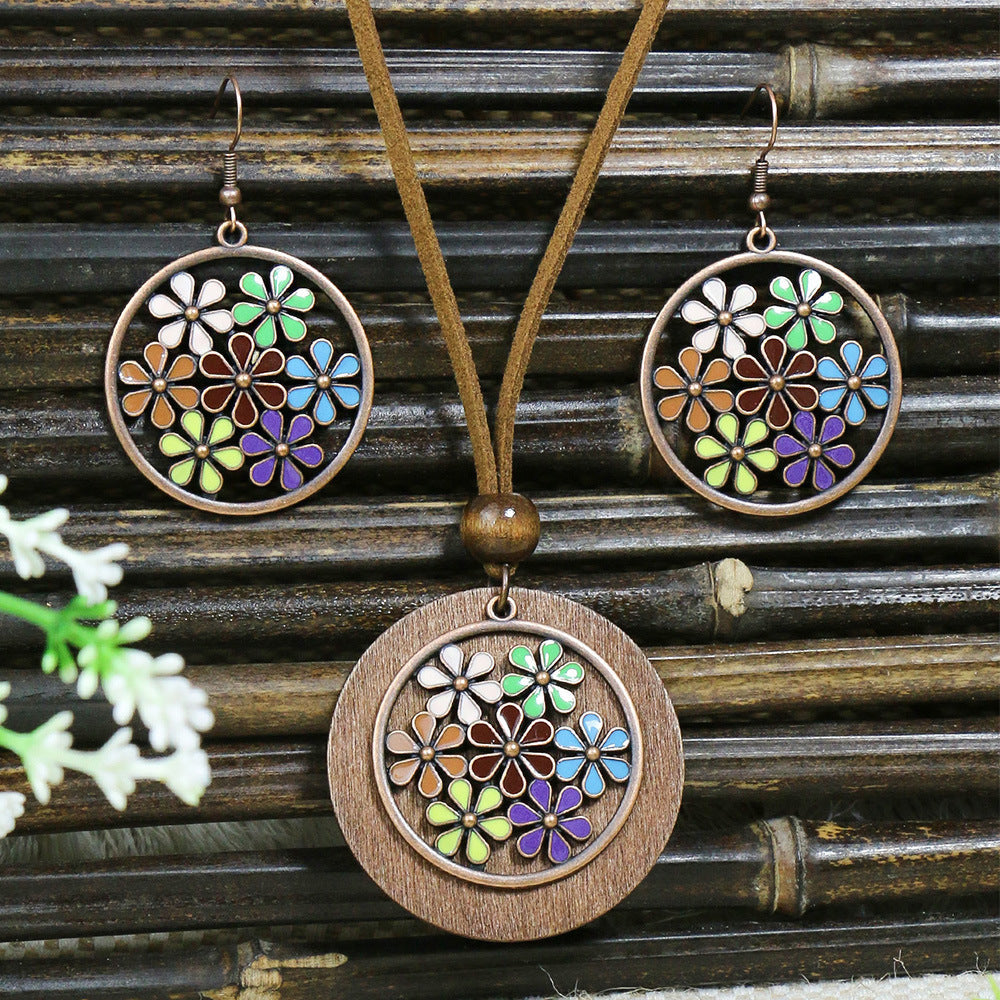 Women's Bohemian Retro Wooden Necklace Earring Set