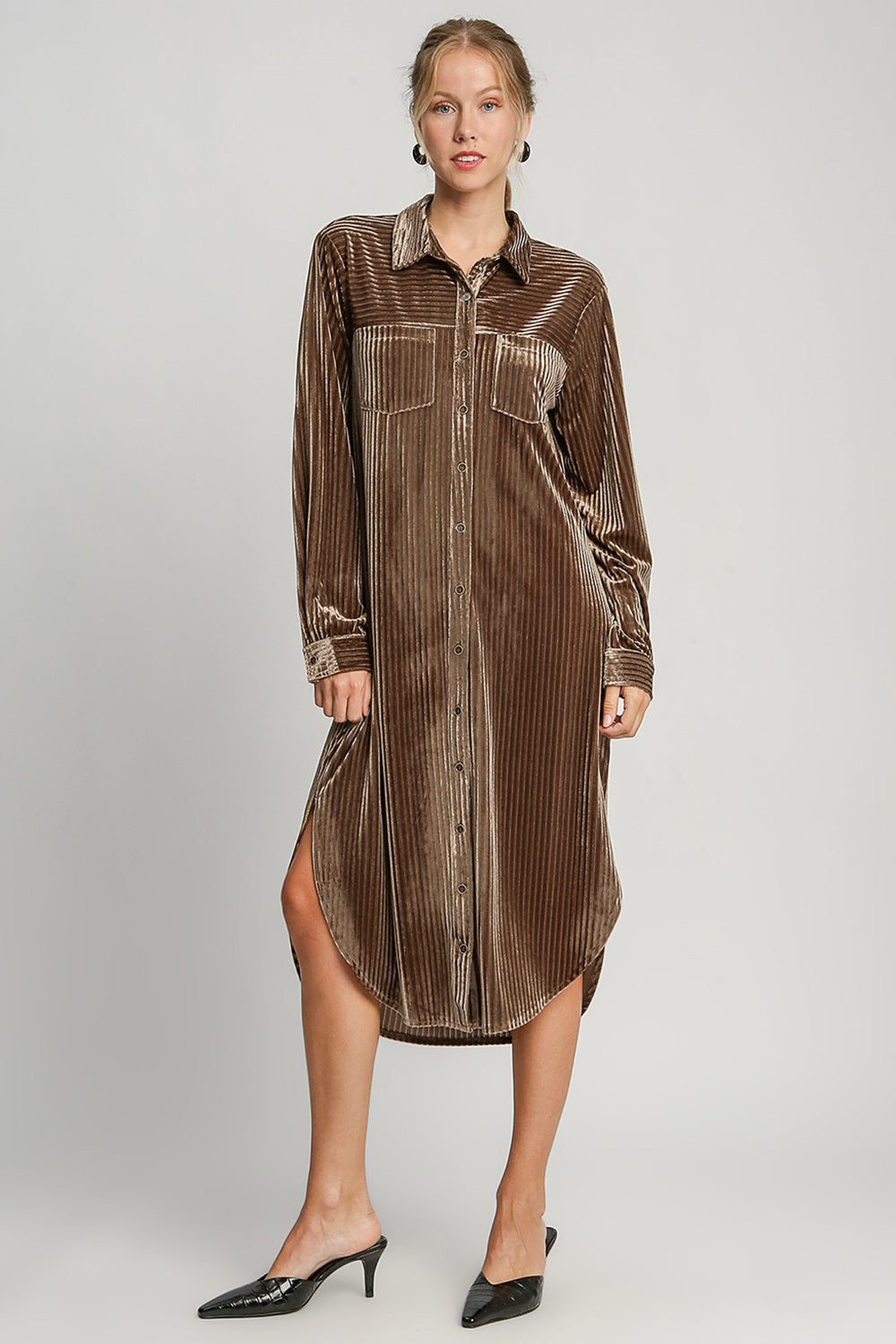 Umgee Texture Curved Hem Button Down Shirt Dress Duster