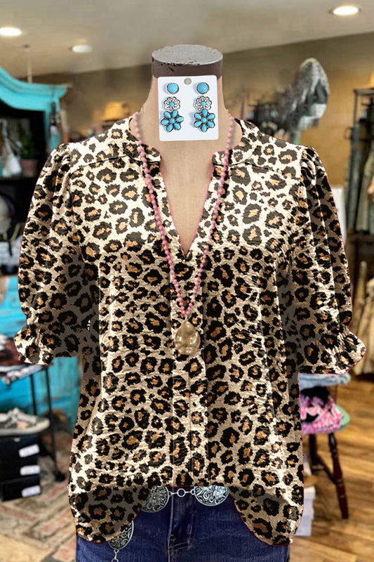 Classic Leopard Print Puff Sleeve Blouse