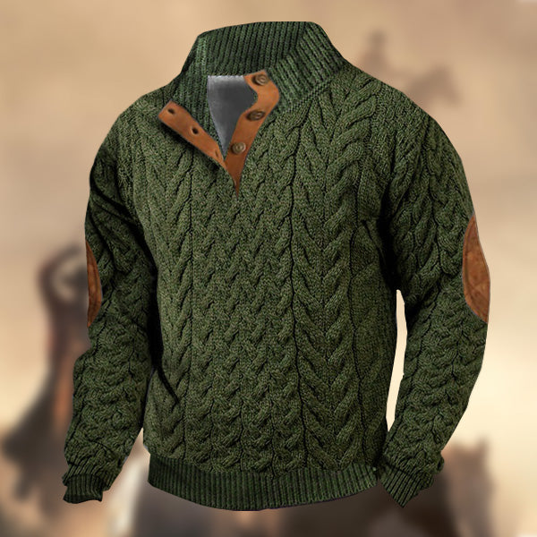 Men's Casual Retro Cashmere Knitting Stand Collar Button Sweatshirt Army Green Suede Elbow Patch Top