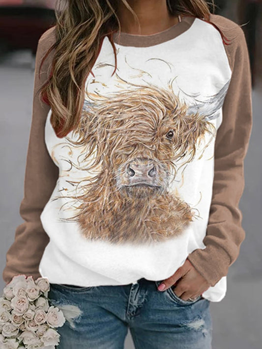 Cute Highland Cow In The Wind Print Casual Sweatshirt