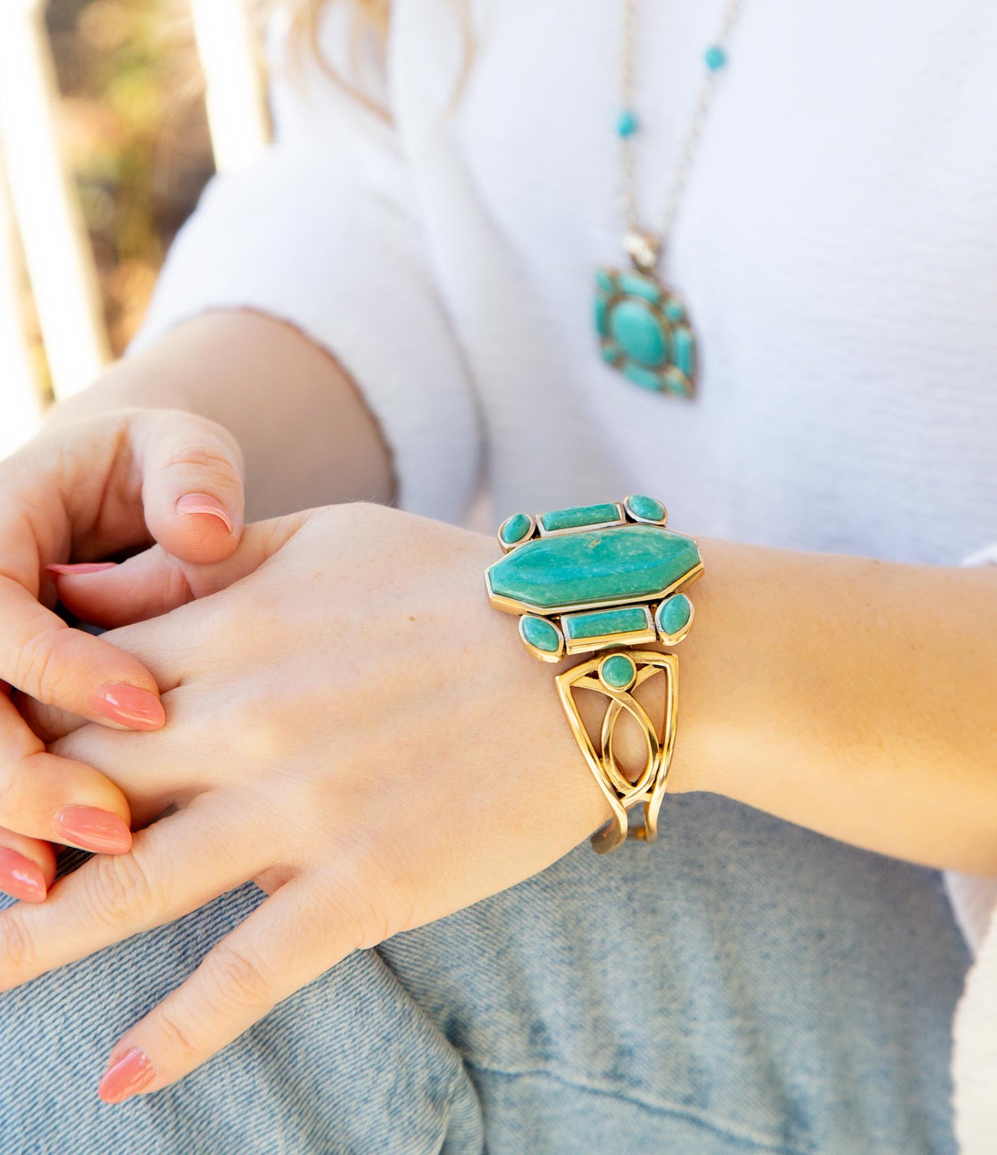 Deco Green Turquoise and Golden Statement Cuff Bracelet