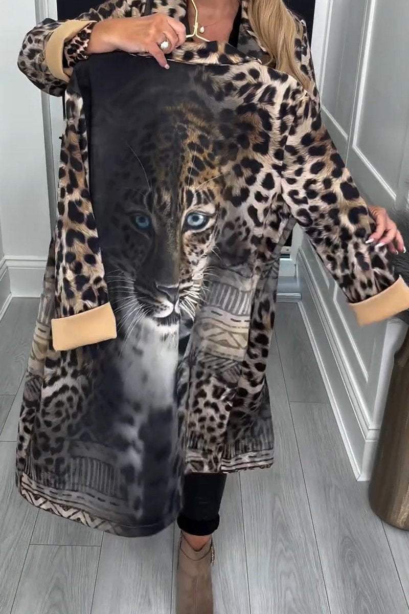 Women's Hooded Long-sleeved Tiger and Leopard Print Casual Jacket