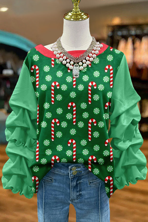 Sweet Christmas Cane Print Pleated Sweatshirt