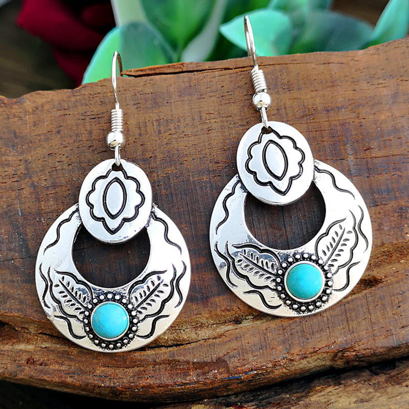 Turquoise Boho Floral Cutout Geometric Leaf Earrings