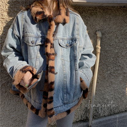 Leopard Print Thickened Denim Jacket Women's Retro Jacket Reversible