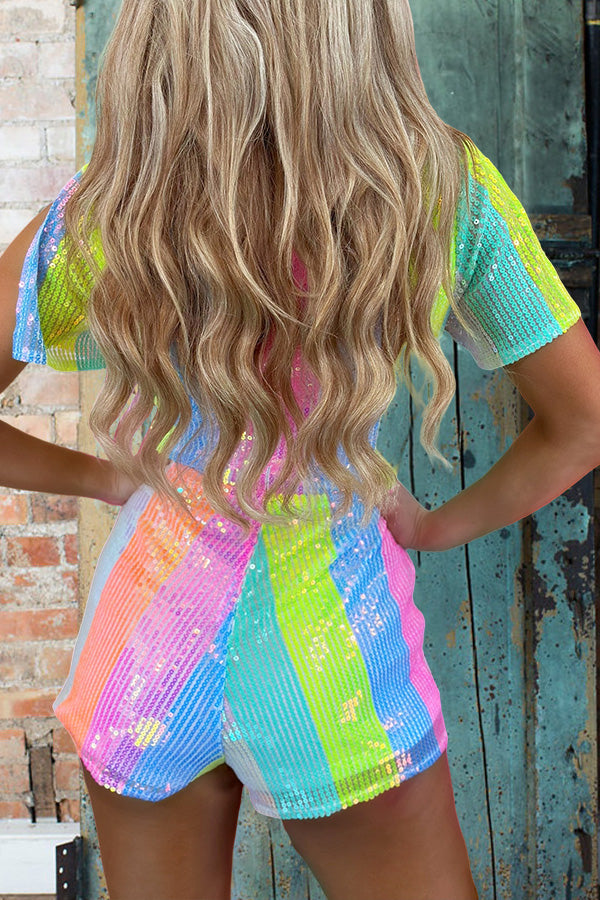 Shiny Rainbow Stripe Sequin Rompers