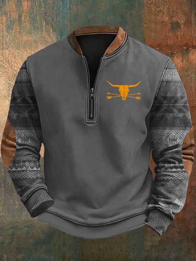 Men's Vintage Western Knit Print Zip-Neck Sweatshirt