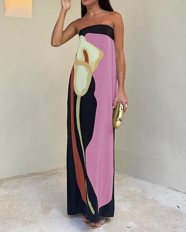 Backless Wrap Chest Printed Slim Sleeveless Long Dress