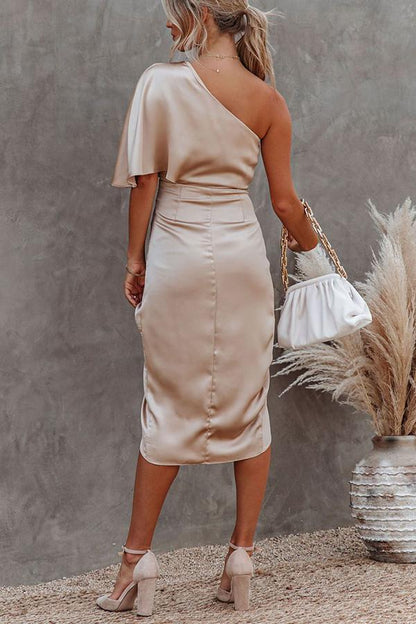 One Shoulder Satin Drape Dress