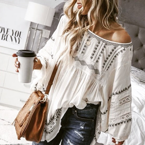 Bohemian round Neck off-Shoulder Loose Long Sleeve Dress