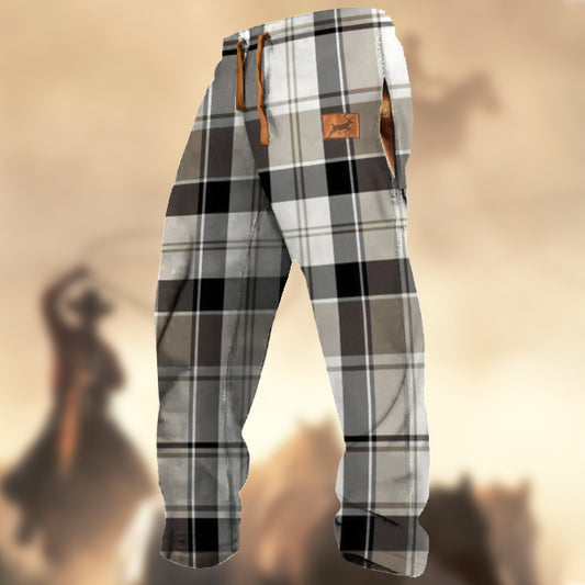 Men'sRetro Plaid Print Elk Logo Sports Casual Sweatpants