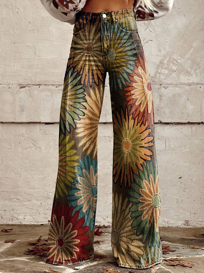 Women's Vintage Botanical Floral Wide Leg Pants