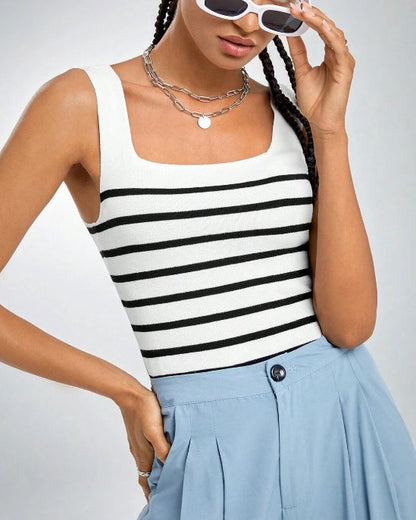 Slim Fit Knitted Vest Striped Large U-Neck Halter Top