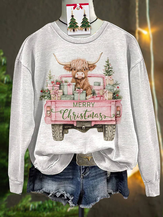 Christmas Highland Cow Print Casual Sweatshirt