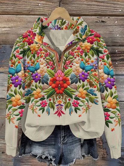 Vintage Floral Print Women's Zipper Sweatshirt