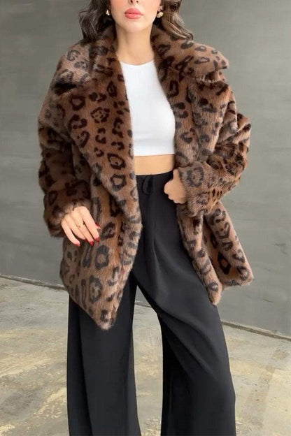 Women's Casual Lapel Leopard Print Fur Coat