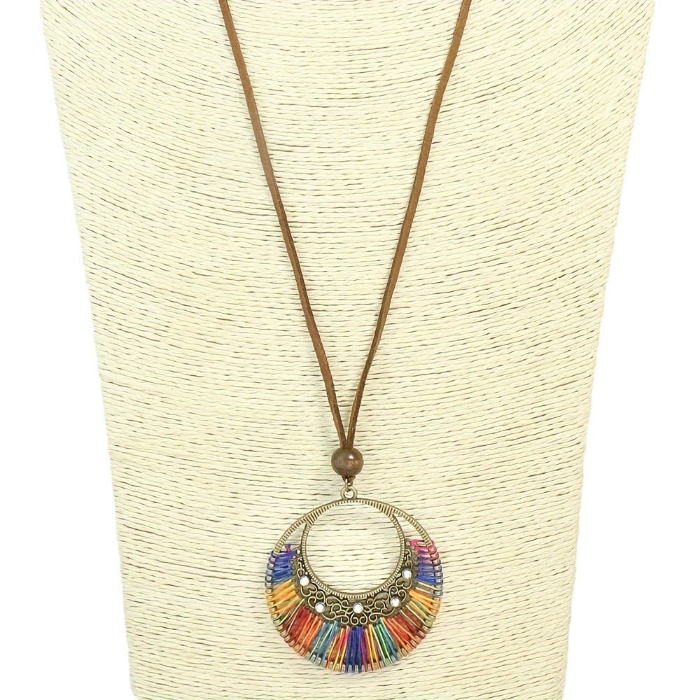 Women's Bohemian Woven Mixed Color Large Circle Pendant Necklace